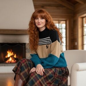 EDC Brown Blue Loose Knit Sweater Top Size S